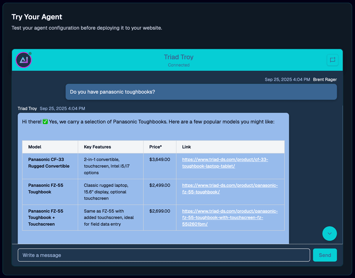Chat with your agent interface